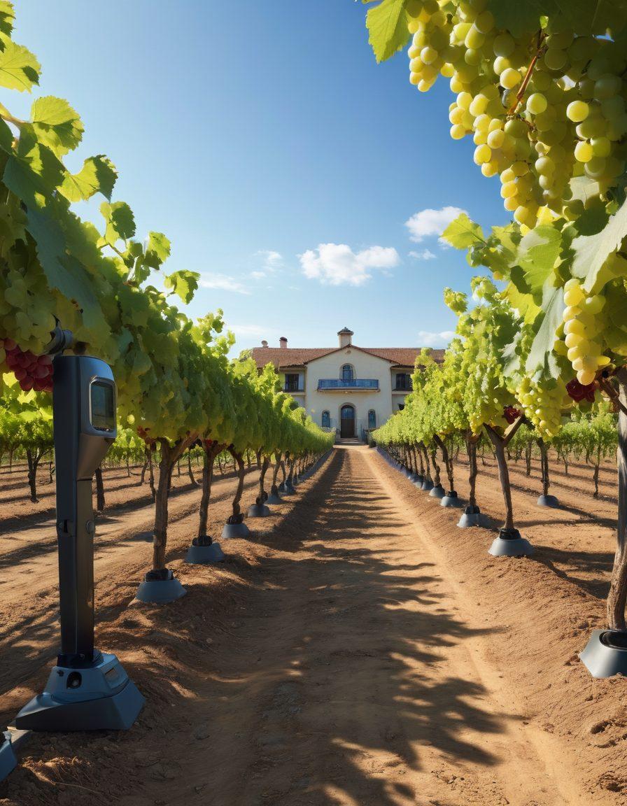 A serene vineyard landscape with lush grapevines and vineyard rows, accentuated by robotic arms delicately inspecting grapes. In the background, a gleaming winery building integrated with advanced AI technology, featuring digital displays and analytics. A clear blue sky adds to the peaceful ambience, inviting viewers into the world of modern viniculture. super-realistic. vibrant colors. white background.