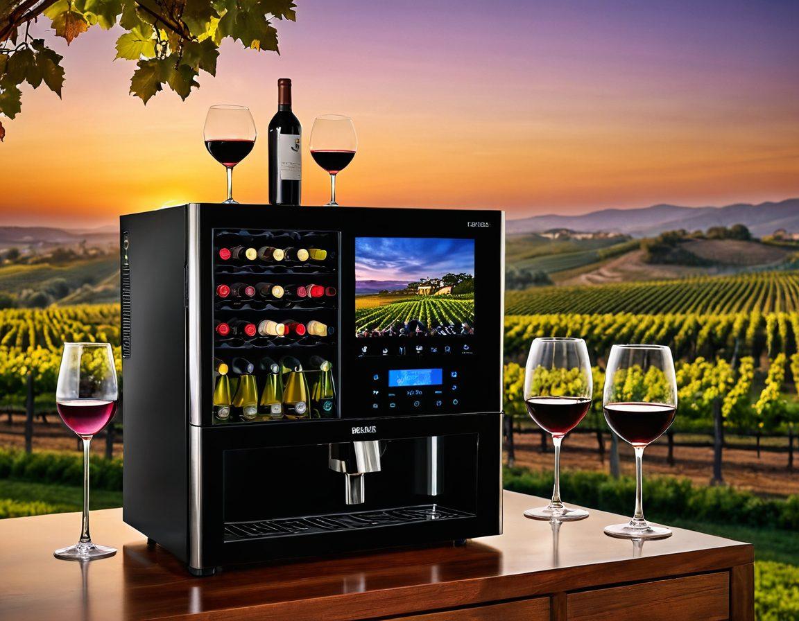 A sleek, modern smart wine dispenser showcasing a variety of wine bottles, infused with smart technology elements like digital screens and touch controls. In the background, lush vineyards stretching under a sunset sky create a contrast between nature and innovation. Grapes and wine glasses scattered artistically enhance the ambiance. The scene conveys luxury and elegance. super-realistic. vibrant colors.