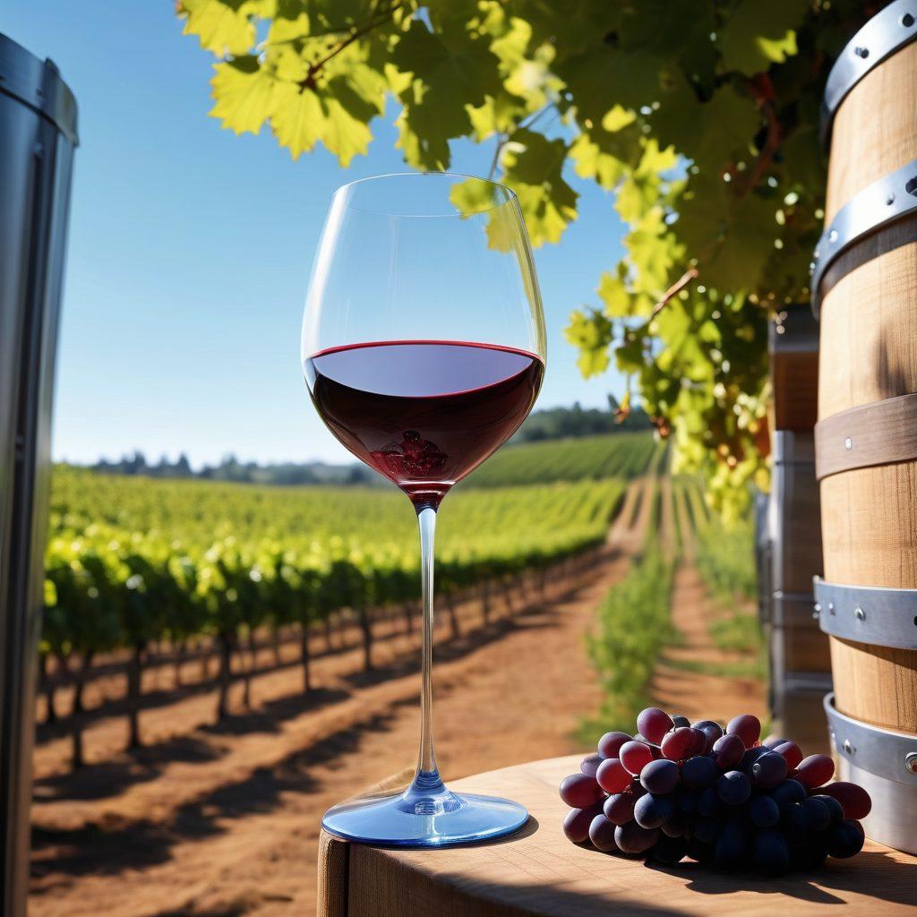 A picturesque vineyard with automated robotic machines harvesting grapes under a clear blue sky. In the foreground, a sleek wine glass filled with rich red wine reflects the bright sunlight, symbolizing the journey from grape to glass. Surrounding the glass, a high-tech production facility can be seen, showcasing modern equipment for wine making and distribution. Include small details like grape bunches and wine barrels to enhance the story. vibrant colors. super-realistic.